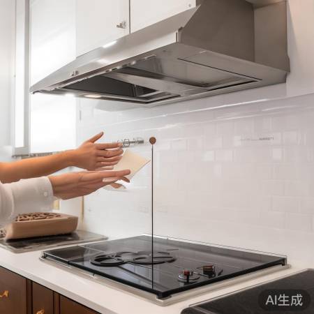 “伸手测量油烟机位置”