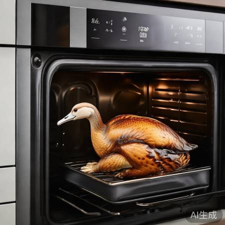 “鹅入烤箱，温控烤制”